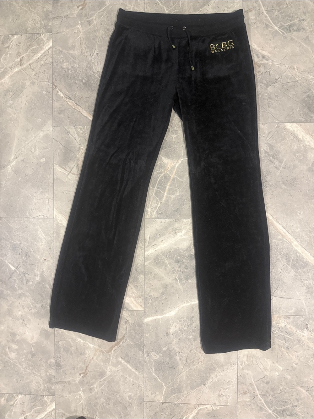 Vintage BCBG Black Straight-Leg Velour Pants with Gold Logo Y2K